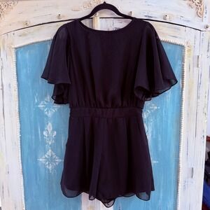 Bloom Women Chiffon Flutter Sleeve Romper Black Open Back w/ Pockets Small Boho